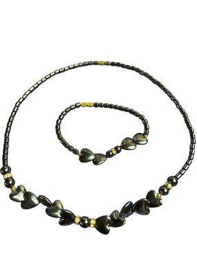 Vintage Hematite Beaded Hearts Necklace & Bracelet Set Goldtone Clear Rhinestone